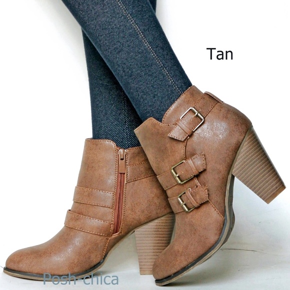 New Tan Western Booties Block Heel Ankle Boots - Picture 2 of 3